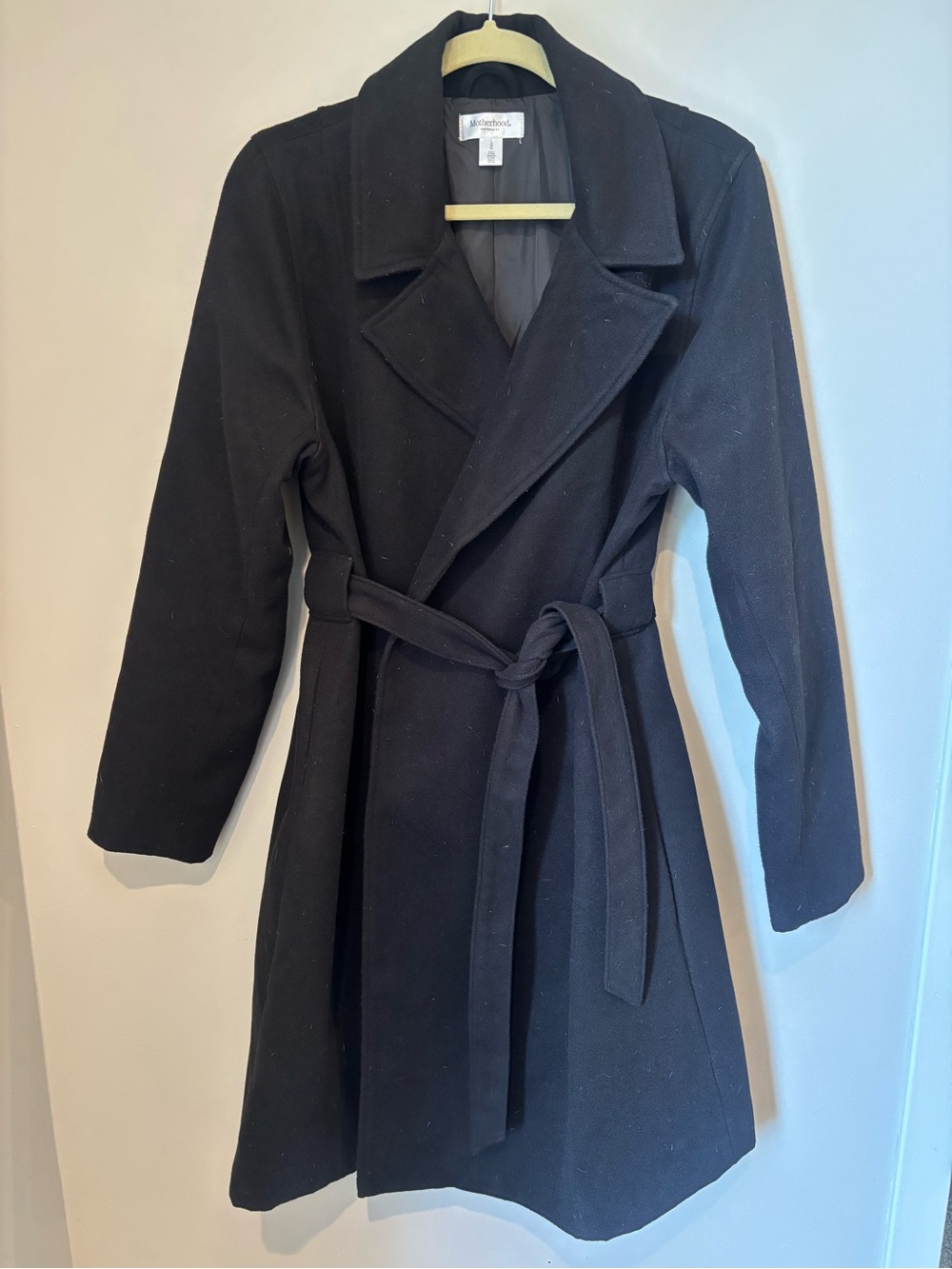 Motherhood Maternity Black Belted Wrap Coat — Size Large
